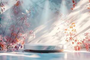 Clean and minimalist 3D platform with a round base, set against a serene pastel floral background. The platform's sleek, matte finish is complemented by the delicate, abstract floral patterns in photo