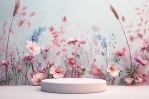 Clean and minimalist 3D platform with a round base, set against a serene pastel floral background. The platform's sleek, matte finish is complemented by the delicate, abstract floral patterns in photo