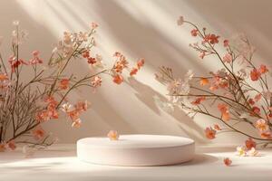 Minimalist 3D round platform with a subtle matte finish, featured against a pastel floral background. The background showcases delicate, abstract floral patterns in muted tones, creating a serene photo