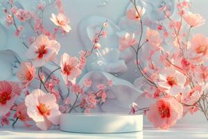 Round minimalist 3D platform with a sleek matte surface, positioned in front of a pastel floral background. The background features subtle, abstract floral patterns in muted shades. Soft and diffused photo