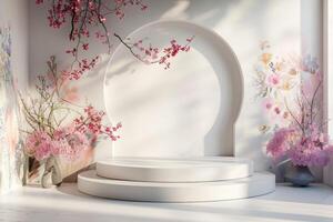 Simple yet elegant 3D round platform with a matte finish, set against a pastel floral background. The delicate abstract floral patterns in soft hues create a gentle and serene backdrop. Diffused photo