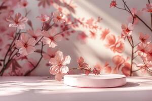 Minimalist 3D round platform with a smooth matte finish, placed against a soft, pastel floral background. The delicate, abstract floral patterns in muted tones create a serene backdrop. Soft, photo