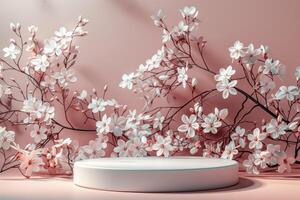 Simple yet elegant 3D round platform with a matte finish, set against a pastel floral background. The delicate abstract floral patterns in soft hues create a gentle and serene backdrop. Diffused photo