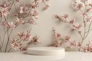 Round minimalist 3D platform with a sleek matte surface, positioned in front of a pastel floral background. The background features subtle, abstract floral patterns in muted shades. Soft and diffused photo