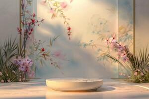 Clean and minimalist 3D platform with a round base, set against a serene pastel floral background. The platform's sleek, matte finish is complemented by the delicate, abstract floral patterns in photo