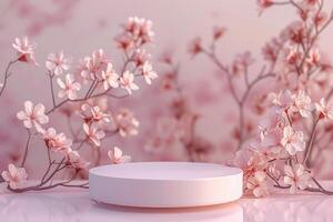 Elegant minimalist 3D round platform on a soft pastel floral background. The platform's smooth matte finish contrasts with the delicate abstract floral patterns in muted tones. Soft, diffused photo