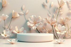 Round minimalist 3D platform with a sleek matte surface, positioned in front of a pastel floral background. The background features subtle, abstract floral patterns in muted shades. Soft and diffused photo