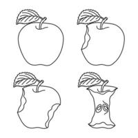 Apple eating steps line art icon set. Stages of biting ripe apple from whole to half and core, bite progression sequence animation of eaten fruit. Hand drawn doodle style illustration vector