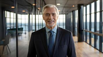 A smiling successful businessman stands in his office. ai generate photo