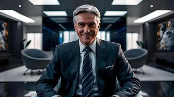 A smiling successful businessman stands in his office. ai generate photo