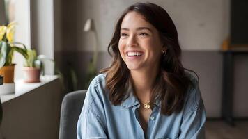 happy beautiful girl sitting in her chair. ai generate photo