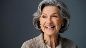 Beautiful elderly model smiling with white black hair, old woman close up. ai generate photo