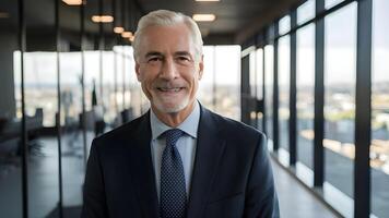A smiling successful businessman stands in his office. ai generate photo