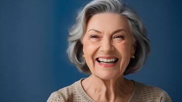 Beautiful elderly model smiling with white black hair, old woman close up. ai generate photo