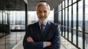 A smiling successful businessman stands in his office. ai generate photo