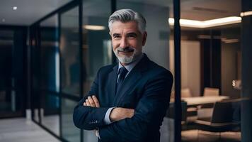 A smiling successful businessman stands in his office. ai generate photo