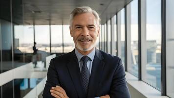 A smiling successful businessman stands in his office. ai generate photo