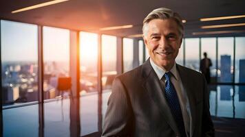 A smiling successful businessman stands in his office. ai generate photo