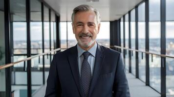A smiling successful businessman stands in his office. ai generate photo
