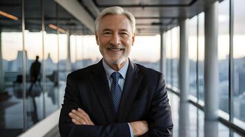 A smiling successful businessman stands in his office. ai generate photo