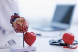 realistic looking heart model on the table of doctor is symbol of campaign to care for health of heart disease patients and encourage people at risk of heart disease to come in for regular check ups. photo