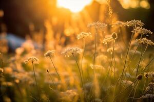 a field of grass with the sun setting behind it photo