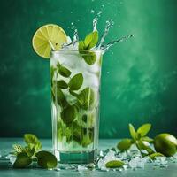 amazing mojito cocktail with beautiful background and pieces of ice photo