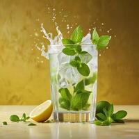 amazing mojito cocktail with beautiful background and pieces of ice photo