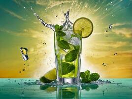 amazing mojito cocktail with beautiful background and pieces of ice photo