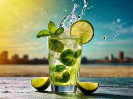 amazing mojito cocktail with beautiful background and pieces of ice photo