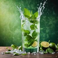amazing mojito cocktail with beautiful background and pieces of ice photo