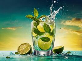 amazing mojito cocktail with beautiful background and pieces of ice photo