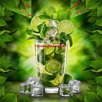 amazing mojito cocktail with beautiful background and pieces of ice photo
