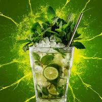 amazing mojito cocktail with beautiful background and pieces of ice photo