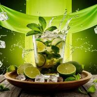 amazing mojito cocktail with beautiful background and pieces of ice photo