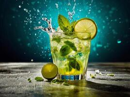 amazing mojito cocktail with beautiful background and pieces of ice photo