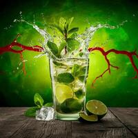 amazing mojito cocktail with beautiful background and pieces of ice photo