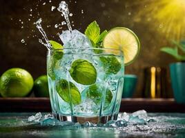 amazing mojito cocktail with beautiful background and pieces of ice photo