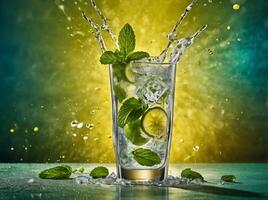 amazing mojito cocktail with beautiful background and pieces of ice photo