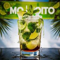 amazing mojito cocktail with beautiful background and pieces of ice photo
