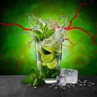 amazing mojito cocktail with beautiful background and pieces of ice photo
