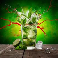amazing mojito cocktail with beautiful background and pieces of ice photo