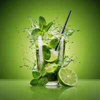 amazing mojito cocktail with beautiful background and pieces of ice photo