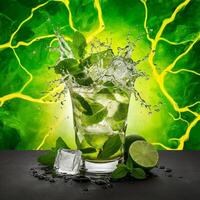 amazing mojito cocktail with beautiful background and pieces of ice photo