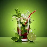 amazing mojito cocktail with beautiful background and pieces of ice photo