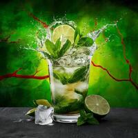 amazing mojito cocktail with beautiful background and pieces of ice photo