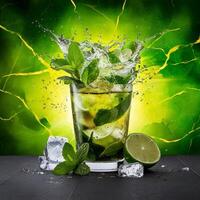 amazing mojito cocktail with beautiful background and pieces of ice photo