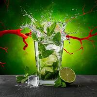 amazing mojito cocktail with beautiful background and pieces of ice photo