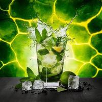 amazing mojito cocktail with beautiful background and pieces of ice photo
