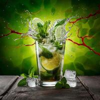 amazing mojito cocktail with beautiful background and pieces of ice photo